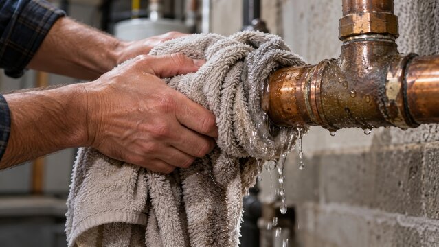 Hands wrapping a towel around a leaking copper pipe in a utility room. Plumbing leak and water damage emergency. Household maintenance and repair. Preventing indoor flooding