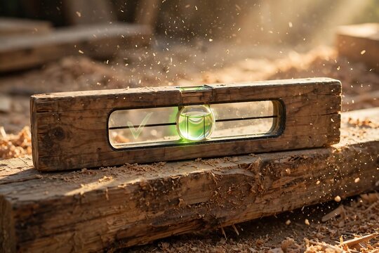 A wooden spirit level tool resting on a rough timber beam with sawdust particles floating in the warm sunlight, representing precision, accuracy, and construction work