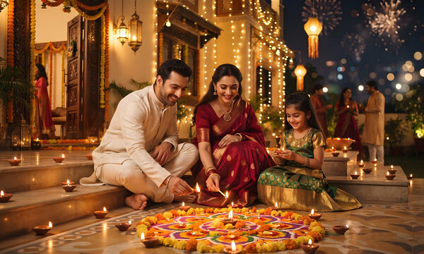 Happy Indian family celebrating Diwali together outside their decorated home at night, lighting diyas around a colorful rangoli pattern with festive lights and fireworks.