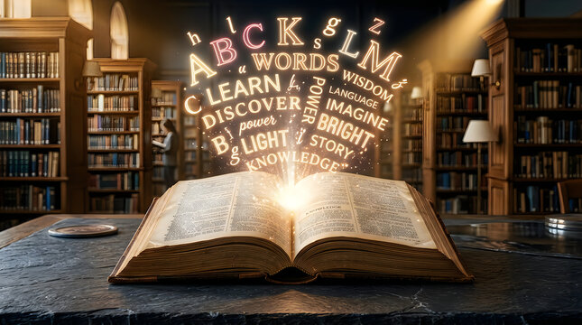 Open magical book with glowing letters and words floating in a dark old wooden library setting