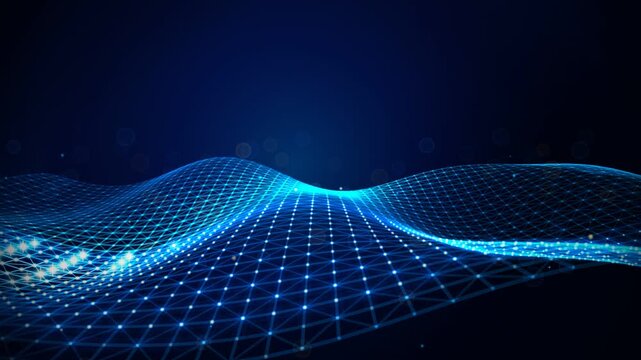 Abstract blue polygon wireframe wave with glowing data light pulses and bokeh on dark background in 4k loop