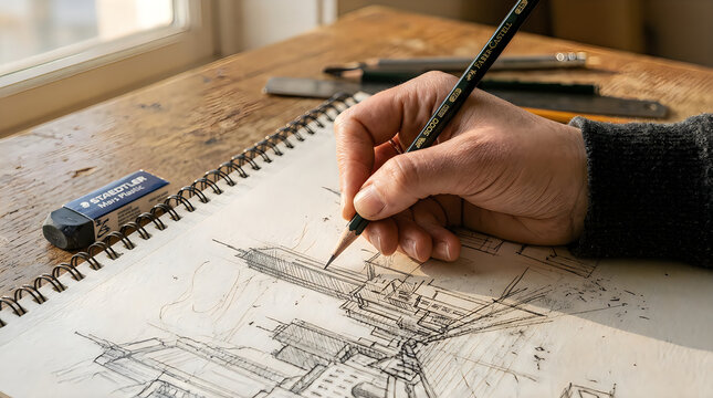 Person hand drawing an architectural building sketch with a black pencil on a paper spiral notebook