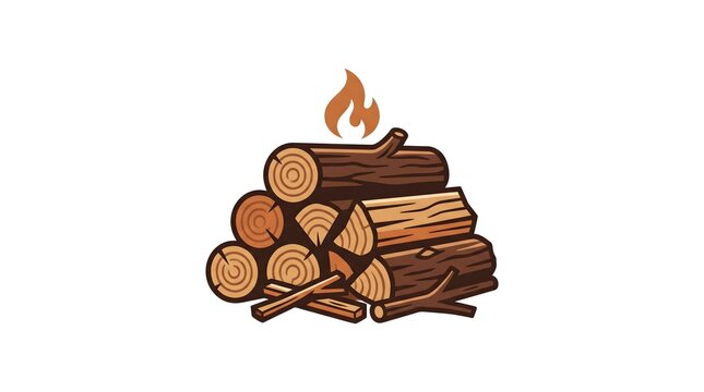 Vector illustration of a neat stack of firewood logs with a small campfire flame on top, isolated on a white background