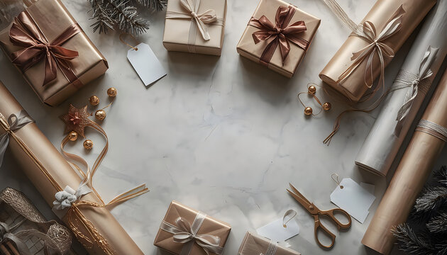 Christmas gift boxes wrapped in gold paper on white marble holiday background.
