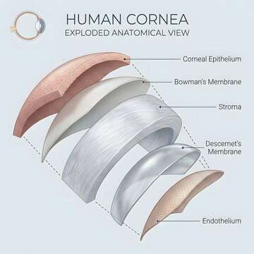 Exploded view diagram of human cornea layers showing anatomical structure for medical education study.