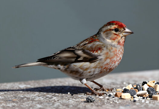 Common linnet bird feeding on seeds, wildlife conservation and nature study, small passerine bird in urban environment with natural sunlight