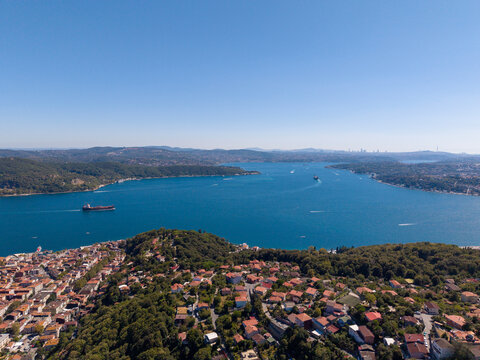 Scenic Aerial Panoramic View Of Bosphorus Strait In Istanbul Turkey
