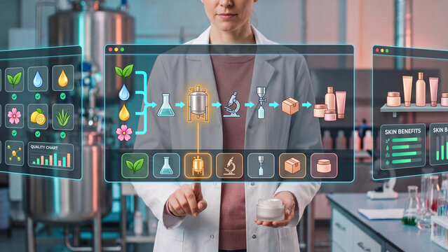 Beauty industry technology: cosmetic chemist in lab coat holding cream jar and reviewing vegan skincare formulation, botanical extracts, testing and production process of premium face products.
