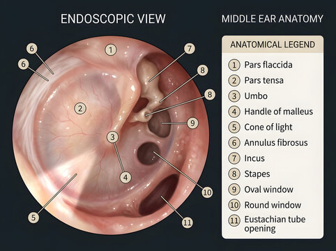 Endoscopic view of middle ear anatomy shows tympanic membrane structures and ossicular chain part.