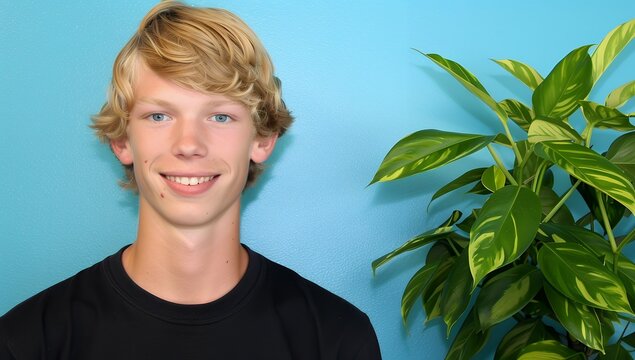A friendly teenage boy with blond hair smiles warmly against a light-blue background, next to a vibrant green plant