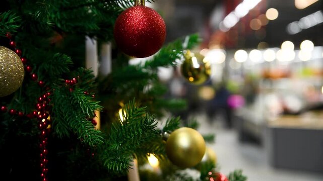 Close-up of a Christmas tree decorated with colorful balls and garlands in a shopping mall or store.