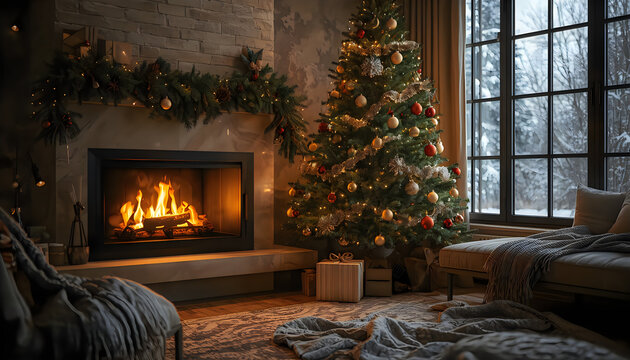 Cozy Christmas fireplace scene with decorated tree and gifts.