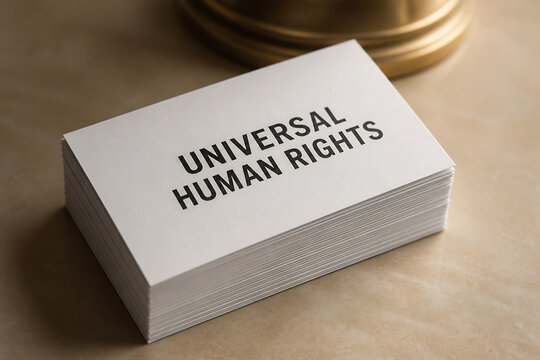 A stack of white cards with "UNIVERSAL HUMAN RIGHTS" printed on them rests on a light brown surface.