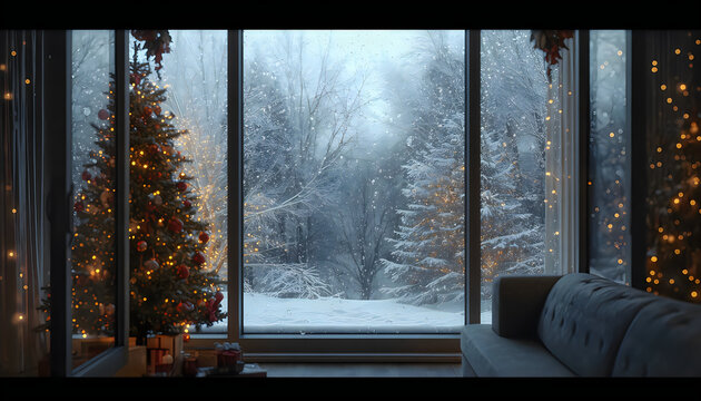 Cozy living room interior with christmas tree and snowy forest window view.