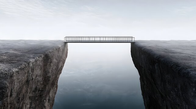 A minimalist metal bridge spans a deep chasm between two rocky cliffs under an overcast sky