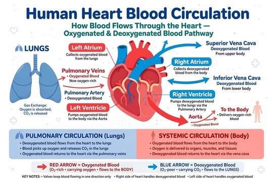 Human heart blood circulation diagram showing oxygenated and deoxygenated blood pathways