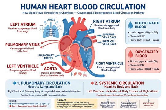 Human heart blood circulation diagram showing oxygenated and deoxygenated blood flow pathways
