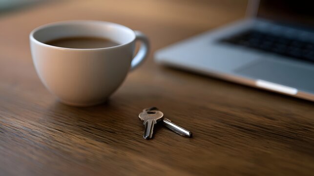 A white coffee cup  two keys  and a laptop rest on a wooden surface  suggesting a work or home office setting
