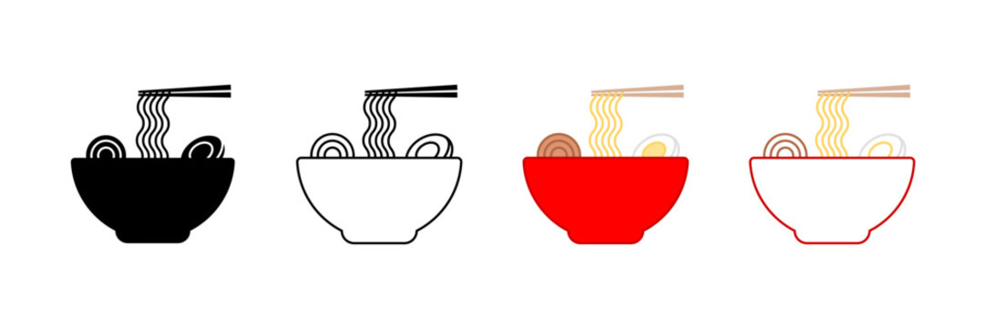 Ramen Bowl Noodle Icon Set with Egg Slices and Chashu Pork. Japanese Food for Restaurant Menu and Logo Design. Vector