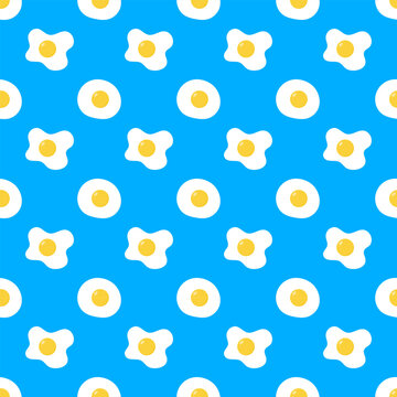 Seamless Fried Egg Pattern Background. Breakfast Food Texture for Kitchen Decor, Packaging, Fabric, and Wallpaper. Vector Illustration