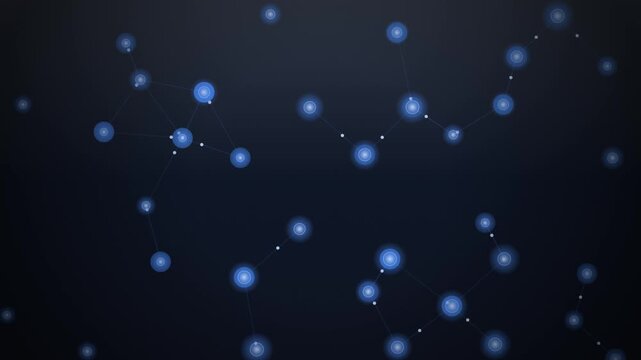Glowing blue nodes connect in looping constellation patterns across a dark digital network backdrop.