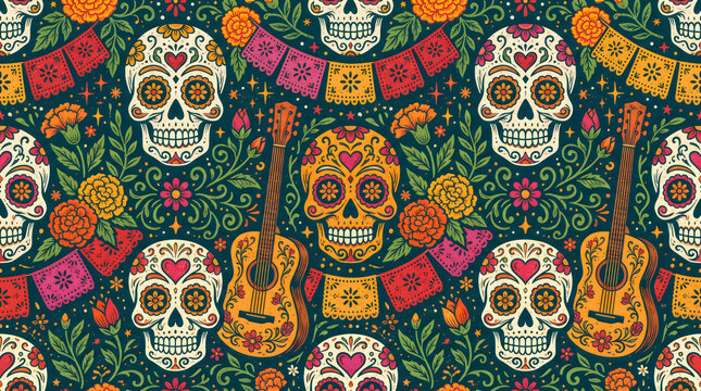Traditional day of the dead seamless pattern featuring colorful sugar skulls, acoustic guitars, vibrant marigold flowers, and festive papel picado banners under dark teal background