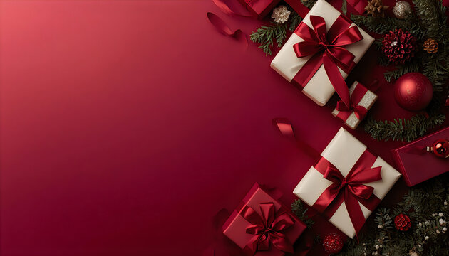 Elegant burgundy and ivory gift boxes with pine branches on red surface.