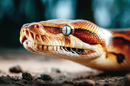 A close-up captures the mesmerizing gaze of a reticulated python, its patterned scales and detailed eye revealing the beauty and danger of this reptile