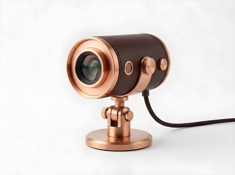 Vintage style copper and leather webcam mounted on desk stand with video camera