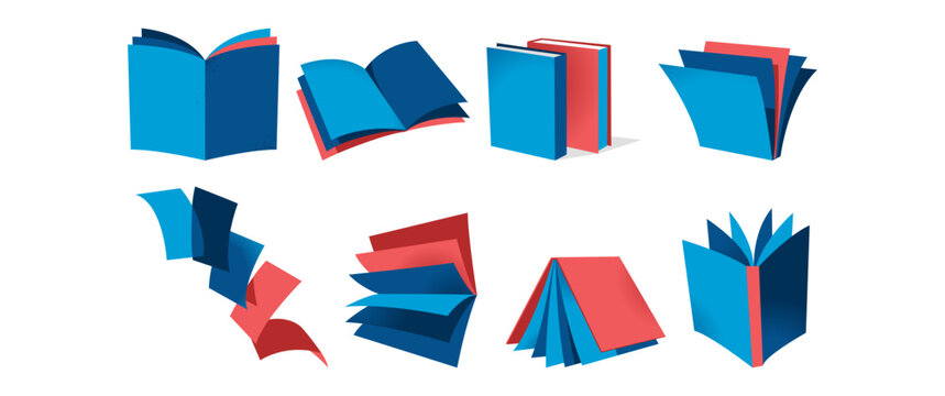 Set of books in flat style, open books, closed books and flying pages, education and reading vector collection