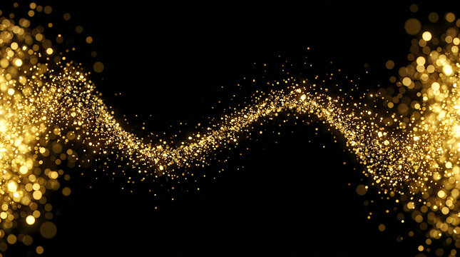 Abstract golden glitter wave flowing on a dark black background for luxury design and celebration
