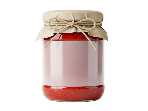 Glass jar filled with red berry jam and decorative paper cover with rustic twine isolated on transparent background