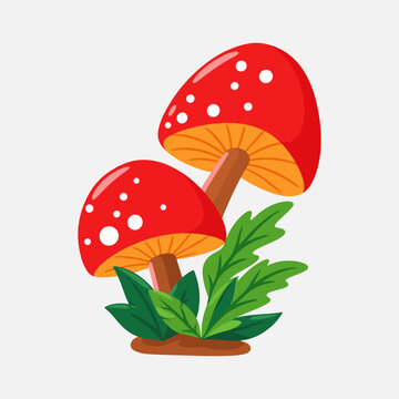 Pair of Vibrant Red Spotted Forest Mushrooms with Green Foliage