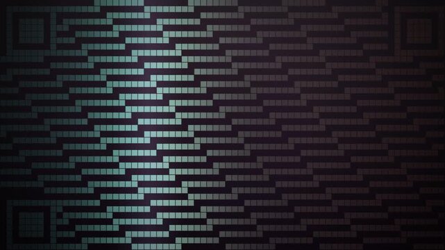Geometric pixelated pattern with teal and dark rectangular blocks arranged in offset grid with decorative corner elements forming a seamless looping background