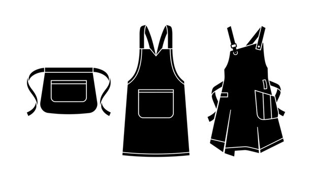 Black apron vector icon set with multiple pockets and strap styles