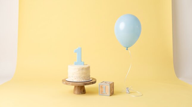 A first birthday celebration setup featuring a frosted cake with a number one topper, a blue balloon, and a wooden block on a soft yellow background