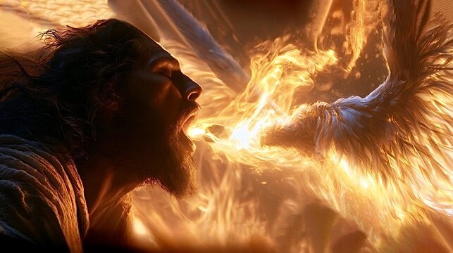 Prophet isaiah receiving purification from a seraph in fire