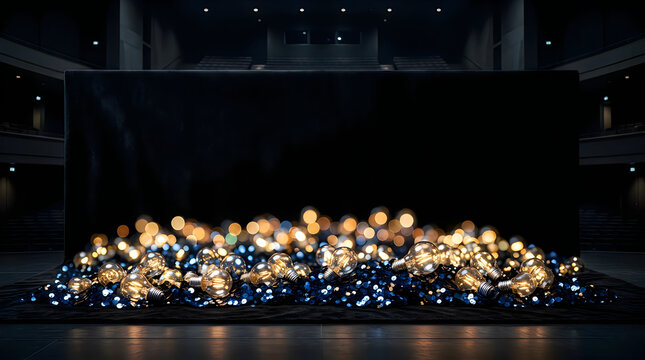 Large crowd of people standing in a dark concert hall with bright stage lights shining from above