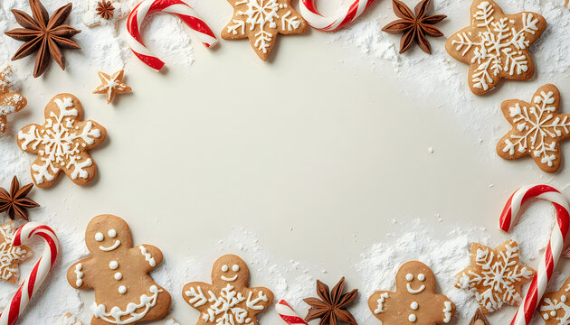 Gingerbread cookies and candy canes frame festive white background mockup.