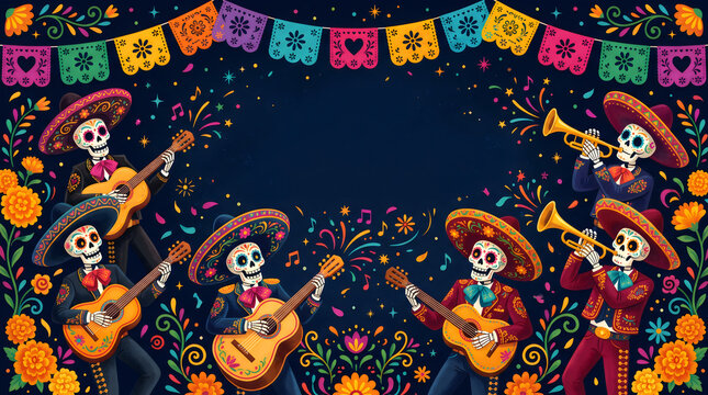 Colorful mexican skeletons celebrating dia de los muertos with traditional guitars and loud trumpets under bright festive papel picado banners in dark night