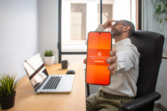 Concerned office worker presenting phone with suspicious login notification