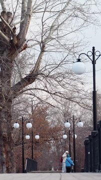 Two people walk together along tree lined path or bridge. One person in blue jacket interacts briefly with another wearing white hat near street lamps and bare trees suggesting casual