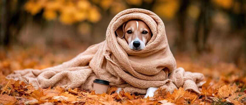 Small dog in a cozy scarf sits on colorful maple leaves with a takeaway coffee cup in an autumn park scene
