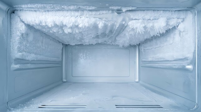 Industrial freezer interior showing thick frost accumulation on stainless steel panels under cold lighting with sparkling ice crystals hanging from ceiling surfaces