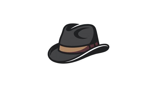  A stylish dark grey fedora hat icon with a brown band, designed as a clean vector graphic illustration isolated on a white background