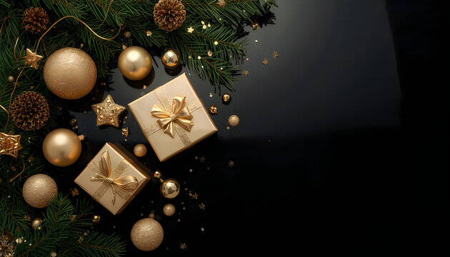 Gold Christmas ornaments and gift boxes on black background.