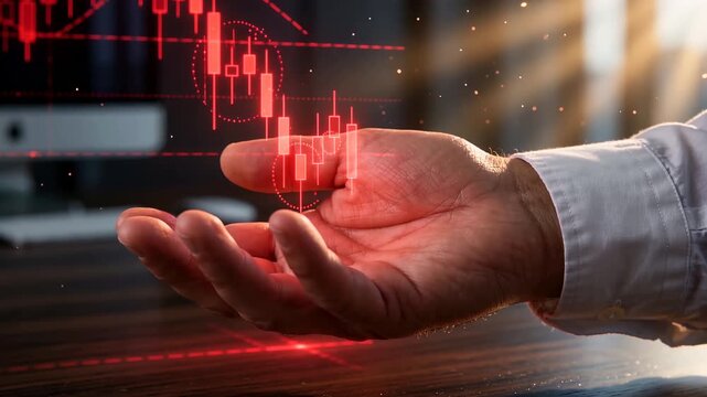 Stock market analysis with hand on digital chart display in office setting