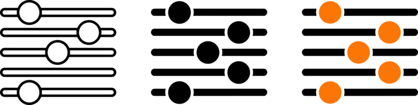 Set of three equalizer or adjustment slider icons in different styles, flat vector design for user interface and settings menus