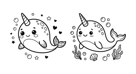 Narwhal illustrations with decorative elements black line art on white background © MdNirob
