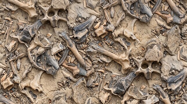 Archaeological excavation site with scattered animal bones and